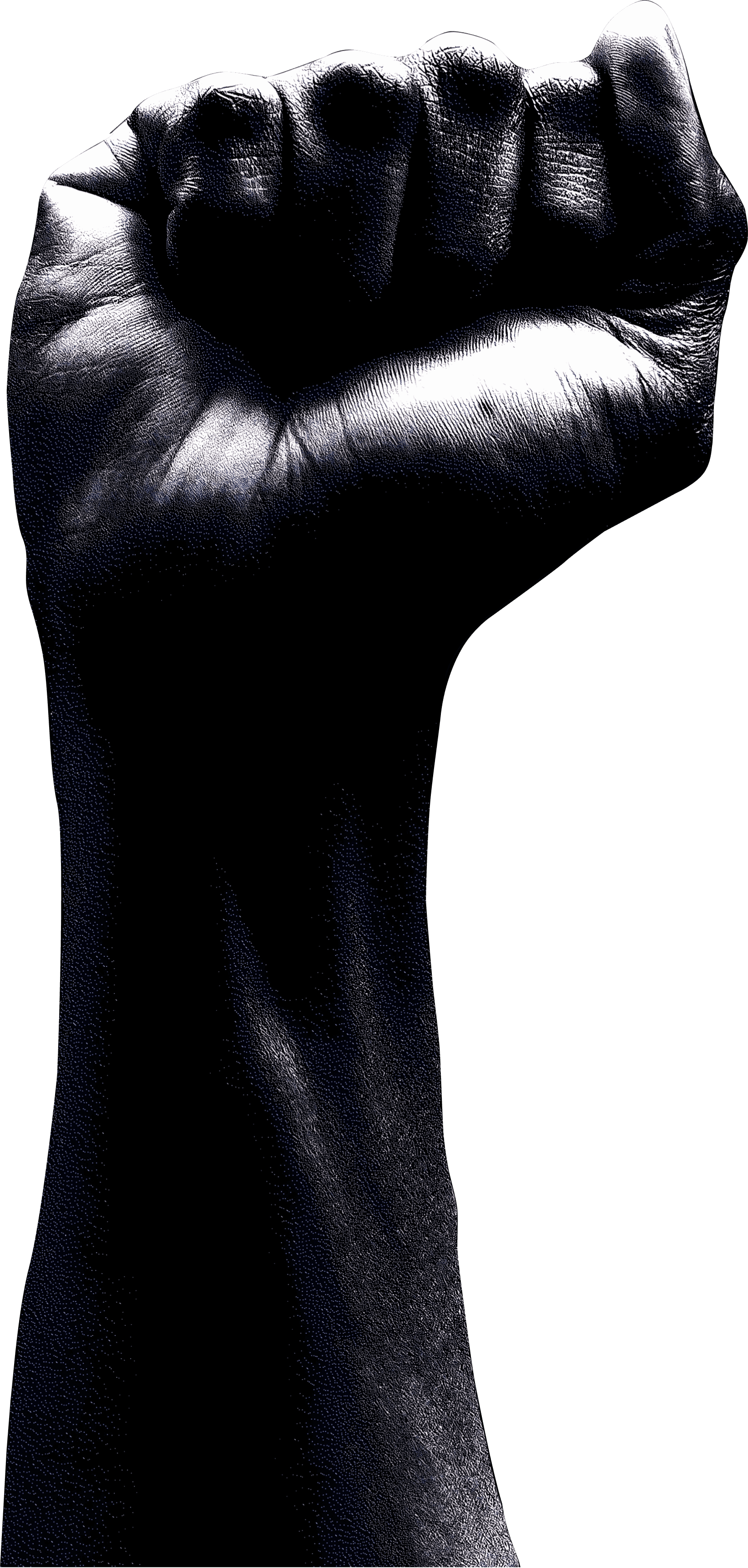 Close-up of a raised clenched fist in dramatic lighting, symbolizing strength, resistance, and empowerment against a black background.